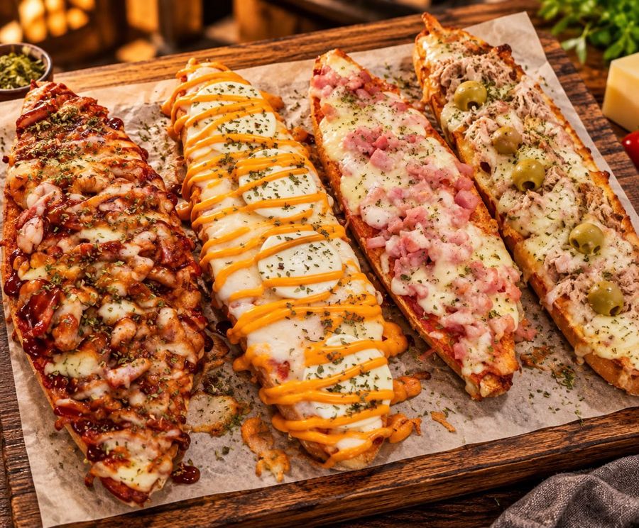 Cuatro barras de pan gratinadas con pollo barbacoa, queso, jamón york y atún con aceitunas
