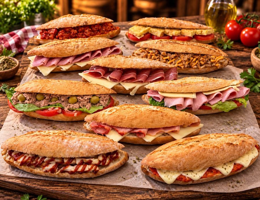 Bocadillos variados de jamón, queso, atún, tortilla, pollo y sobrasada