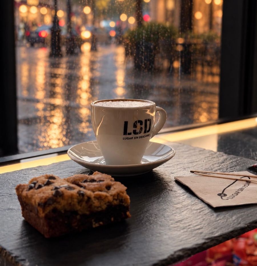 Café con leche en taza LSD y bizcocho de chocolate junto a un ventanal en una noche de lluvia