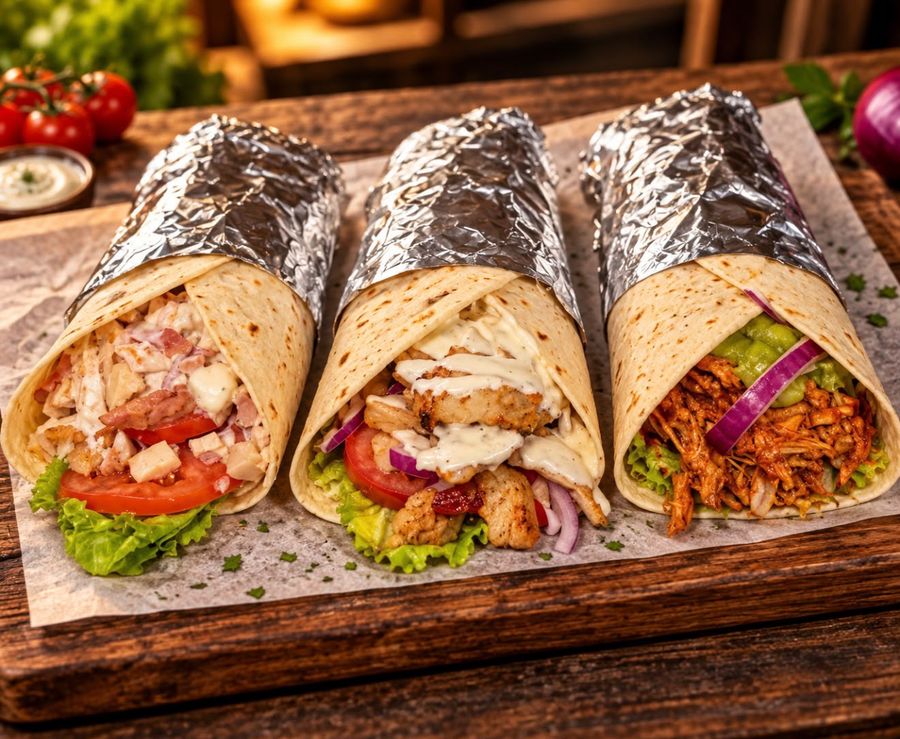 Tres wraps rellenos de pollo, bacon, verduras y carne desmechada